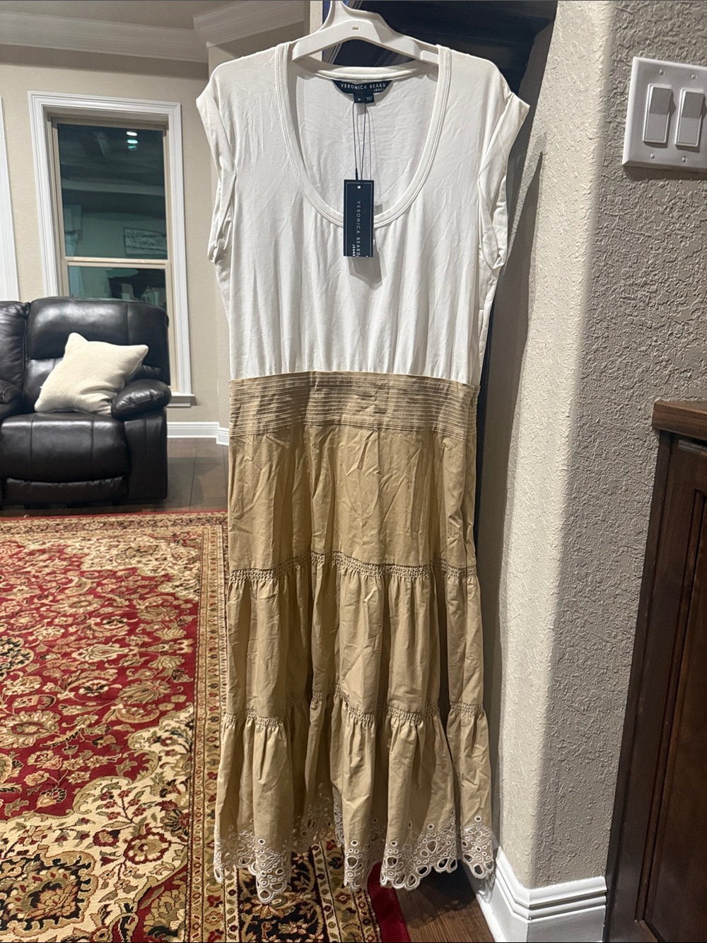 Veronica Beard White & Tan Tiered Eyelet Maxi Dress